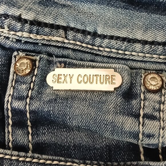 Sexy Couture Jeans Size 7 Low Rise Skinny Embellished Distressed Blue Denim - Picture 10 of 12